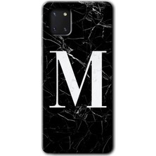 Galaxy A81 Kılıf Hd Desen Baskılı Arka Kapak + Kırılmaz Cam - Siyah Mermer Desenli M Harfi