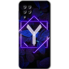 Galaxy A22 Kılıf Hd Desen Baskılı Arka Kapak + Kırılmaz Cam - Dark Neon Yaprak Y Harfi