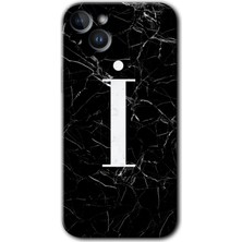 Gramaphone iPhone 14 Plus Kılıf Hd Desen Baskılı Arka Kapak + Esnek Nano Cam - Siyah Mermer Desenli I Harfi