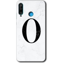 Gramaphone Huawei P30 Lite Kılıf Hd Desen Baskılı Arka Kapak + Kırılmaz Cam - Beyaz Mermer Desenli O Harfi