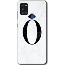 Galaxy A21S Kılıf Hd Desen Baskılı Arka Kapak + Kırılmaz Cam - Beyaz Mermer Desenli Ö Harfi