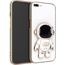 Case 4U Apple iPhone 8 Plus / 7 Plus Kılıf Astronot Standlı Sevimli Parlak Altın Gold Kenarlı Tam Korumalı