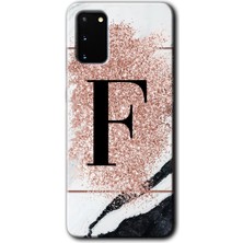 Gramaphone Galaxy S20 Kılıf Hd Desen Baskılı Arka Kapak + Esnek Nano Cam - Pembe Mermer Desenli F Harfi