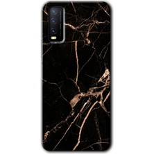 Gramaphone Vivo Y20S Kılıf Hd Desen Baskılı Arka Kapak + Kırılmaz Cam - Siyah Gold Mermer
