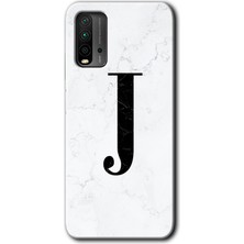 Gramaphone Redmi 9t Kılıf Hd Desen Baskılı Arka Kapak + Kırılmaz Cam - Beyaz Mermer Desenli J Harfi