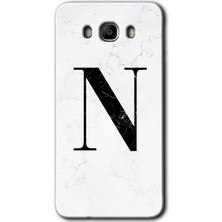Gramaphone Galaxy J7 2016 Kılıf Hd Desen Baskılı Arka Kapak + Kırılmaz Cam - Beyaz Mermer Desenli N Harfi
