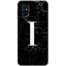 Gramaphone Galaxy M31S Kılıf Hd Desen Baskılı Arka Kapak + Kırılmaz Cam - Siyah Mermer Desenli I Harfi