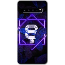 Gramaphone Galaxy S10 Plus Kılıf Hd Desen Baskılı Arka Kapak + Kırılmaz Cam - Dark Neon Yaprak Ş Harfi