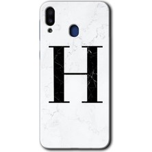 Gramaphone Galaxy M10 Kılıf Hd Desen Baskılı Arka Kapak + Kırılmaz Cam - Beyaz Mermer Desenli H Harfi