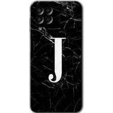 Gramaphone Galaxy M33 Kılıf Hd Desen Baskılı Arka Kapak + Kırılmaz Cam - Siyah Mermer Desenli J Harfi
