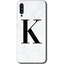 Galaxy A50 Kılıf Hd Desen Baskılı Arka Kapak + Kırılmaz Cam - Beyaz Mermer Desenli K Harfi