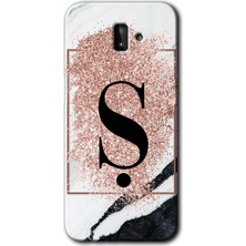 Galaxy J6 Plus Kılıf Hd Desen Baskılı Arka Kapak + Esnek Nano Cam - Pembe Mermer Desenli Ş Harfi