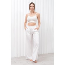 Nuseel Kadın Keten Beli Lastikli Cepli Pantolon Beyaz