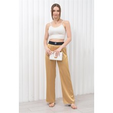 Nuseel Kadın Beli Lastikli Palazzo Saten Pantolon Gold