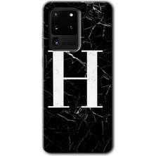 Gramaphone Galaxy S20 Ultra Kılıf Hd Desen Baskılı Arka Kapak + Kırılmaz Cam - Siyah Mermer Desenli H Harfi