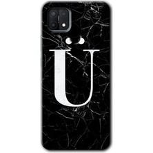 Gramaphone Oppo A15 Kılıf Hd Desen Baskılı Arka Kapak + Esnek Nano Cam - Siyah Mermer Desenli Ü Harfi