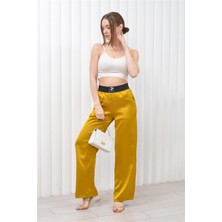 Nuseel Kadın Beli Lastikli Palazzo Saten Pantolon Hardal