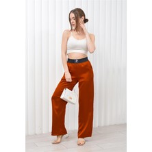 Nuseel Kadın Beli Lastikli Palazzo Saten Pantolon Kiremit