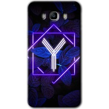 Gramaphone Galaxy J7 2016 Kılıf Hd Desen Baskılı Arka Kapak + Kırılmaz Cam - Dark Neon Yaprak Y Harfi