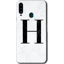 Galaxy A20S Kılıf Hd Desen Baskılı Arka Kapak + Kırılmaz Cam - Beyaz Mermer Desenli H Harfi