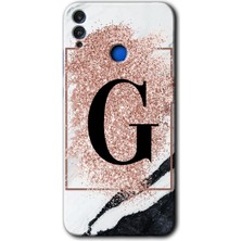 Gramaphone Honor 8x Kılıf Hd Desen Baskılı Arka Kapak - Pembe Mermer Desenli G Harfi