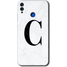Gramaphone Honor 8x Kılıf Hd Desen Baskılı Arka Kapak + Kırılmaz Cam - Beyaz Mermer Desenli C Harfi