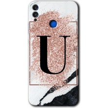 Gramaphone Honor 8x Kılıf Hd Desen Baskılı Arka Kapak + Kırılmaz Cam - Pembe Mermer Desenli U Harfi