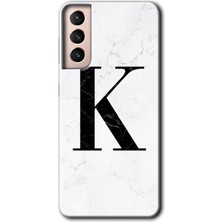 Galaxy S21 Plus Kılıf Hd Desen Baskılı Arka Kapak + Esnek Nano Cam - Beyaz Mermer Desenli K Harfi