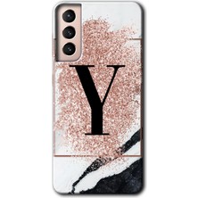 Gramaphone Galaxy S21 Plus Kılıf Hd Desen Baskılı Arka Kapak + Kırılmaz Cam - Pembe Mermer Desenli Y Harfi