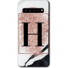 Gramaphone Galaxy S10 Plus Kılıf Hd Desen Baskılı Arka Kapak - Pembe Mermer Desenli H Harfi