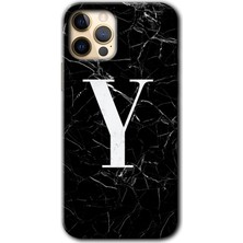 Gramaphone iPhone 12 Pro Max Kılıf Hd Desen Baskılı Arka Kapak + Esnek Nano Cam - Siyah Mermer Desenli Y Harfi