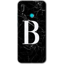 Gramaphone Huawei P Smart 2019 Kılıf Hd Desen Baskılı Arka Kapak + Kırılmaz Cam - Siyah Mermer Desenli B Harfi