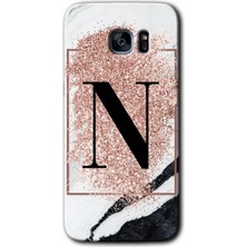 Gramaphone Galaxy S7 Edge Kılıf Hd Desen Baskılı Arka Kapak + Esnek Nano Cam - Pembe Mermer Desenli N Harfi