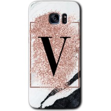 Gramaphone Galaxy S7 Edge Kılıf Hd Desen Baskılı Arka Kapak + Esnek Nano Cam - Pembe Mermer Desenli V Harfi