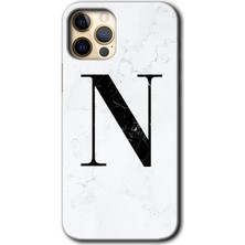 Gramaphone iPhone 12 Pro Max Kılıf Hd Desen Baskılı Arka Kapak + Esnek Nano Cam - Beyaz Mermer Desenli N Harfi