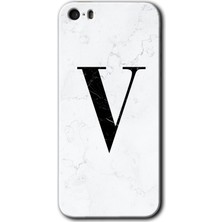 iPhone 5s Kılıf Hd Desen Baskılı Arka Kapak + Esnek Nano Cam - Beyaz Mermer Desenli V Harfi
