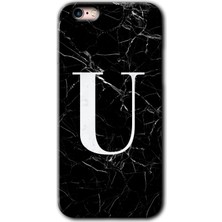 Gramaphone iPhone 6s Plus Kılıf Hd Desen Baskılı Arka Kapak + Esnek Nano Cam - Siyah Mermer Desenli U Harfi