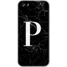 iPhone 5s Kılıf Hd Desen Baskılı Arka Kapak - Siyah Mermer Desenli P Harfi
