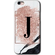 Gramaphone iPhone 6s Plus Kılıf Hd Desen Baskılı Arka Kapak + Kırılmaz Cam - Pembe Mermer Desenli J Harfi