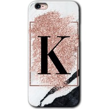 iPhone 6s Plus Kılıf Hd Desen Baskılı Arka Kapak + Kırılmaz Cam - Pembe Mermer Desenli K Harfi