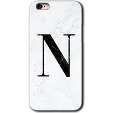 Gramaphone iPhone 6s Plus Kılıf Hd Desen Baskılı Arka Kapak + Kırılmaz Cam - Beyaz Mermer Desenli N Harfi