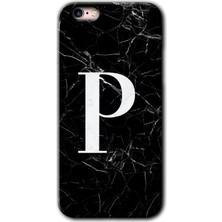 Gramaphone iPhone 6s Plus Kılıf Hd Desen Baskılı Arka Kapak + Kırılmaz Cam - Siyah Mermer Desenli P Harfi