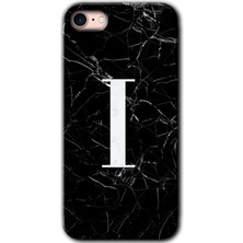 Gramaphone iPhone 7 Kılıf Hd Desen Baskılı Arka Kapak + Kırılmaz Cam - Siyah Mermer Desenli I Harfi