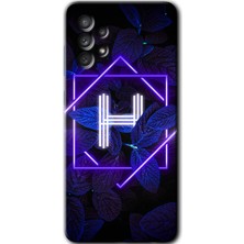 Gramaphone Galaxy A33 Kılıf Hd Desen Baskılı Arka Kapak + Kırılmaz Cam - Dark Neon Yaprak H Harfi