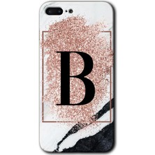 Gramaphone iPhone 7 Plus Kılıf Hd Desen Baskılı Arka Kapak + Kırılmaz Cam - Pembe Mermer Desenli B Harfi