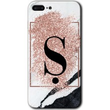 Gramaphone iPhone 7 Plus Kılıf Hd Desen Baskılı Arka Kapak + Kırılmaz Cam - Pembe Mermer Desenli Ş Harfi
