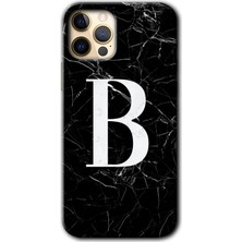 Gramaphone iPhone 12 Pro Max Kılıf Hd Desen Baskılı Arka Kapak + Esnek Nano Cam - Siyah Mermer Desenli B Harfi