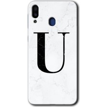 Gramaphone Galaxy M10 Kılıf Hd Desen Baskılı Arka Kapak + Kırılmaz Cam - Beyaz Mermer Desenli U Harfi