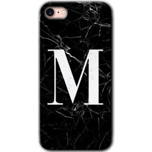 Gramaphone iPhone 7 Kılıf Hd Desen Baskılı Arka Kapak + Kırılmaz Cam - Siyah Mermer Desenli M Harfi