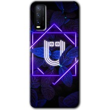 Gramaphone Vivo Y20S Kılıf Hd Desen Baskılı Arka Kapak + Esnek Nano Cam - Dark Neon Yaprak Ü Harfi